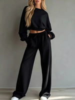 Round Neck Cropped Sweatshirt and Wide-Leg Pants Set
