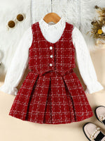 Children's Long Sleeve Top & Plaid Vest & Pleated Skirt Set