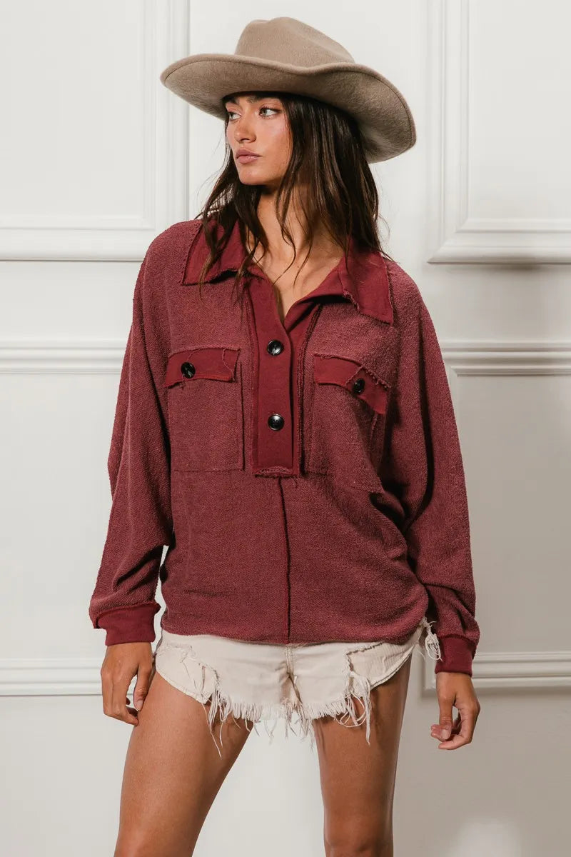 BiBi Cp French Terry Cut Edge Detail Collared Top