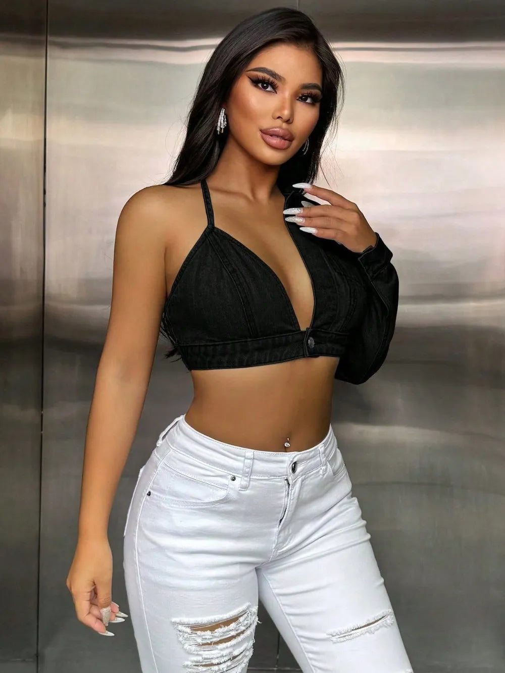 One Shoulder Long Sleeve Cropped Denim Top