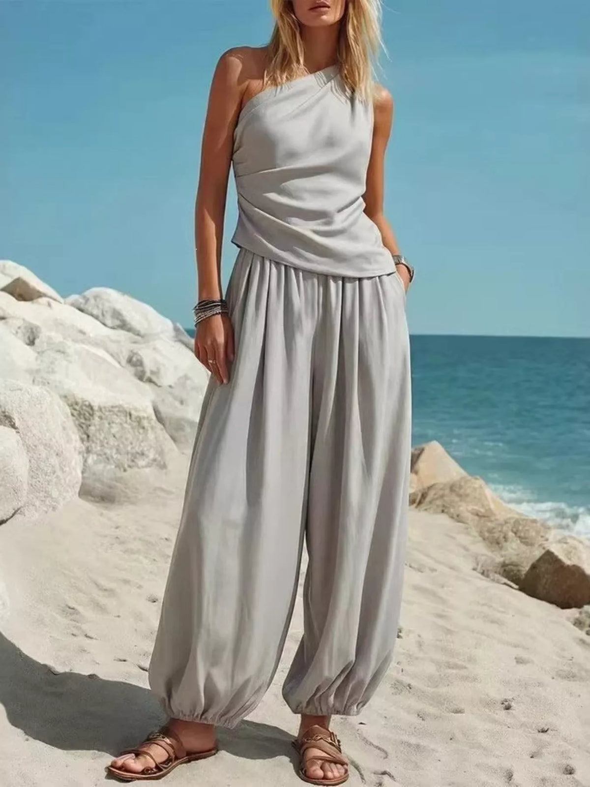 Full Size One-Shoulder Top and Wide-Leg Pants Set Plus Size
