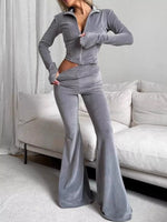 Zip-Up Crop Top and Flared Pants Two-Piece Set