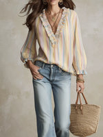 Striped Ruffle-Trim V-Neck Blouse