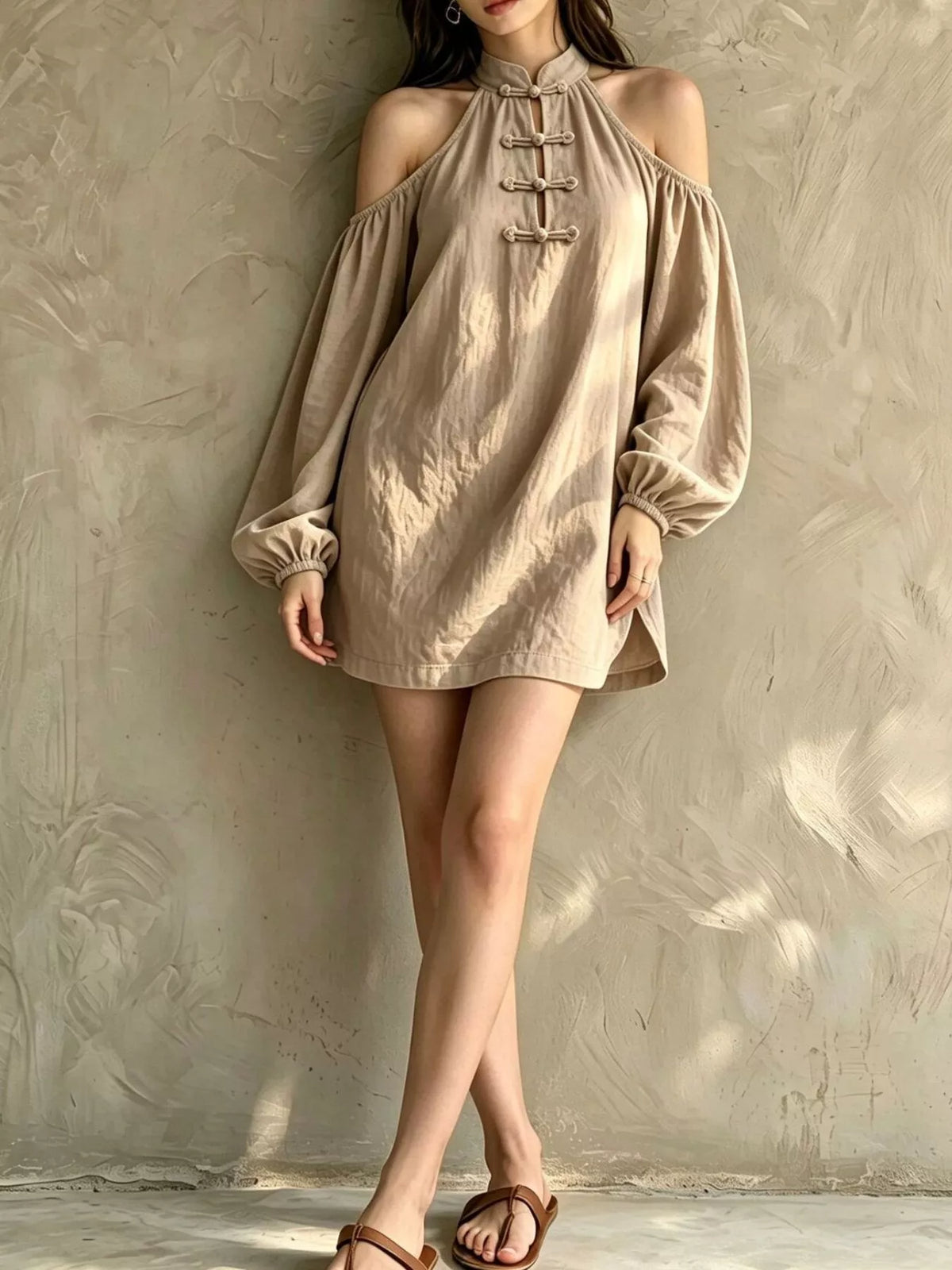 Cold-Shoulder Balloon Sleeve Mini Dress