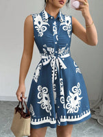 Printed Sleeveless Tie Waist Mini Dress