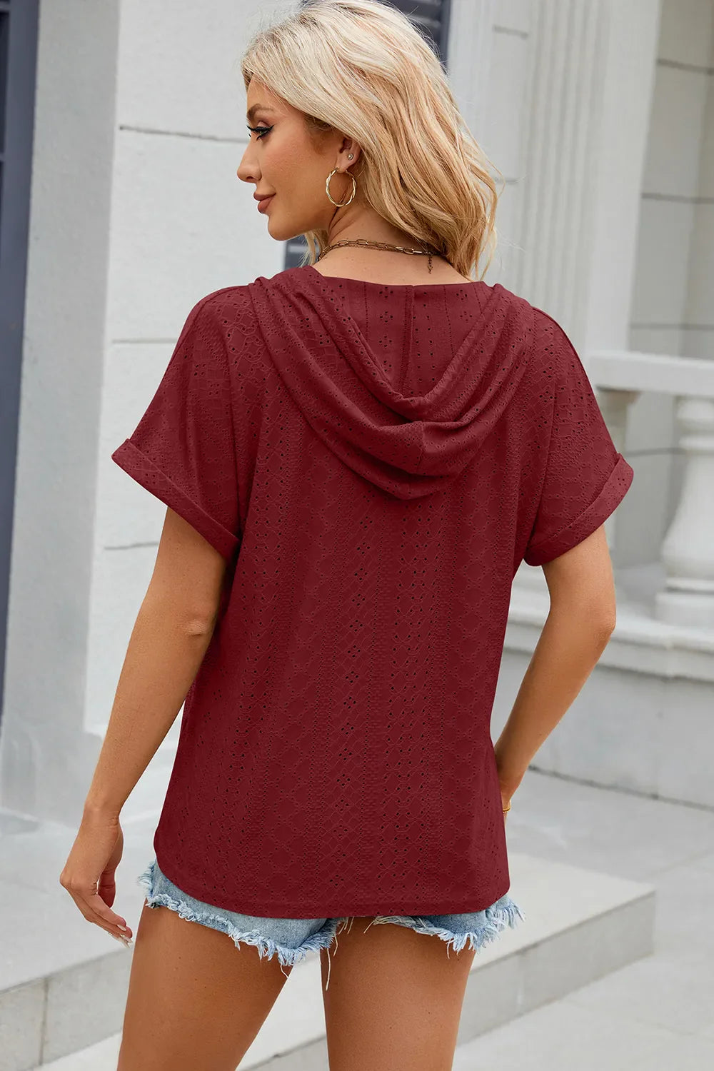 Eyelet Drawstring Hooded Short Sleeve Blouse