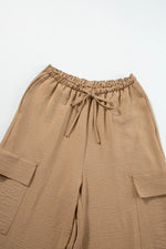 Drawstring Frilled Waist Wide Leg Utility Trousers