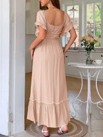 Square Neck Puff Sleeve Ruffle Trim Maxi Dress