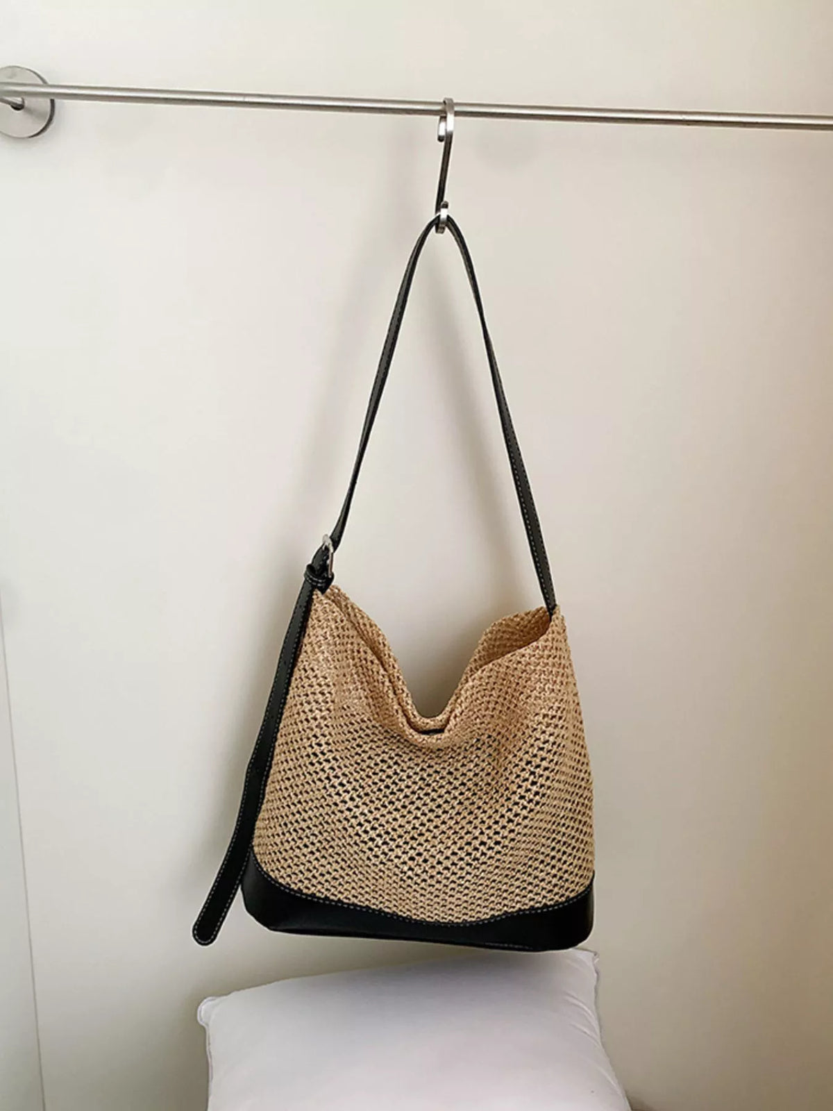 Leather Trim Woven Shoulder Bag