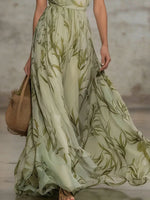 Leaf Print Sleeveless Chiffon Maxi Dress