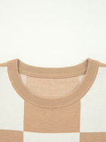 Checkered Pattern Loose Drop Shoulder Half Sleeve Sweater