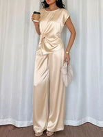 Satin Twist-Front Top and Wide-Leg Pants Set