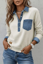 Denim Collar Patchwork Long Sleeve Pullover Top