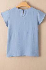 Solid Color Flounce Sleeve Pleated Round Neck Blouse