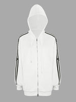 Striped Sleeve Zip-Up Drawstring Hoodie