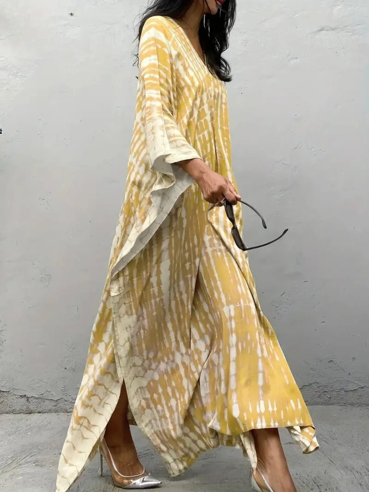 Tie-Dye V-Neck Maxi Dress with Flowy Sleeves