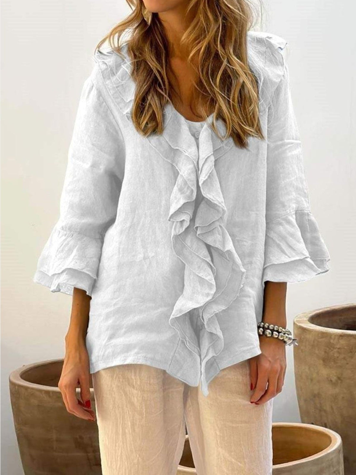 Full Size Ruffle Trim 3/4 Sleeve Blouse Plus Size
