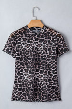 Leopard Print Sheer Mesh Short Sleeve Top
