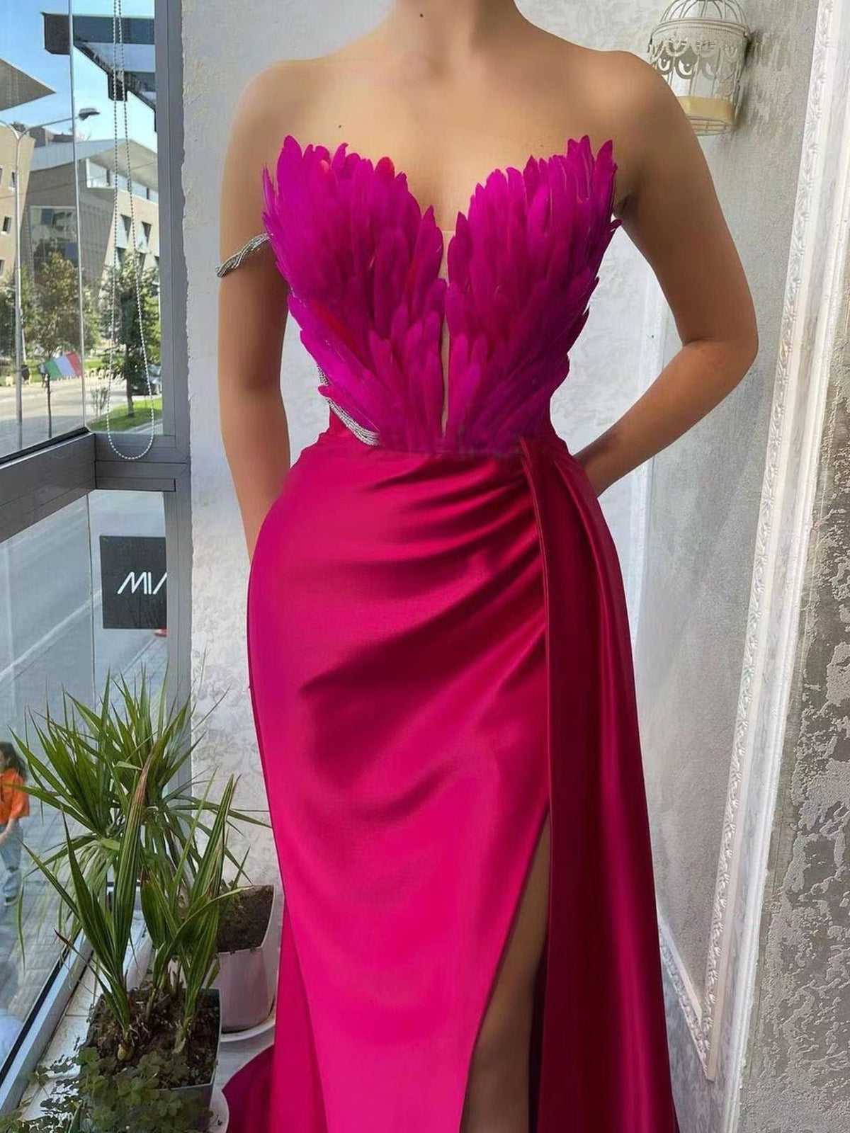 Feather Embellished Slit Maxi Dress
