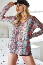 BiBi Snakeskin Print Low Gauge Hacci V Neck Top