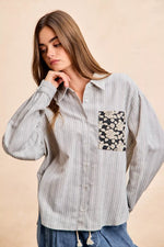 BiBi Flower Jacquard Knit Patch Pocket Stripe Shirt