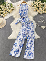 Printed Sleeveless Top and Wide Leg Pants Set
