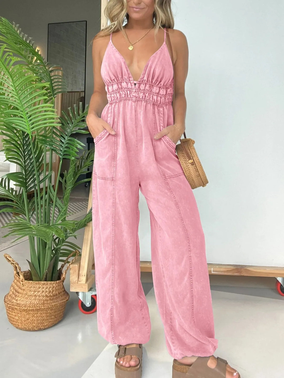 Full Size Wide Leg Spaghetti Strap Jumpsuit Plus Size
