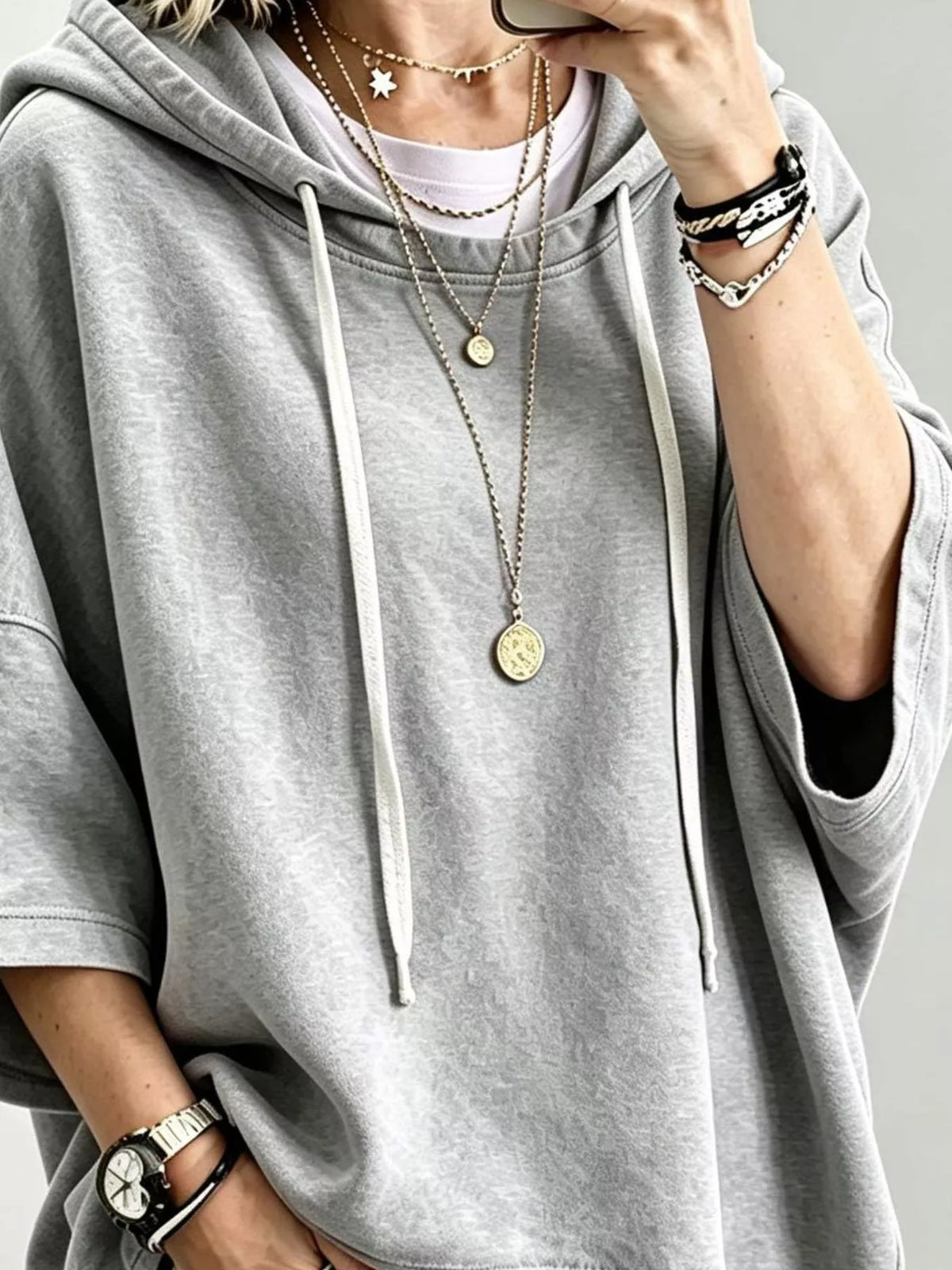 Drawstring 3/4 Sleeve Hoodie