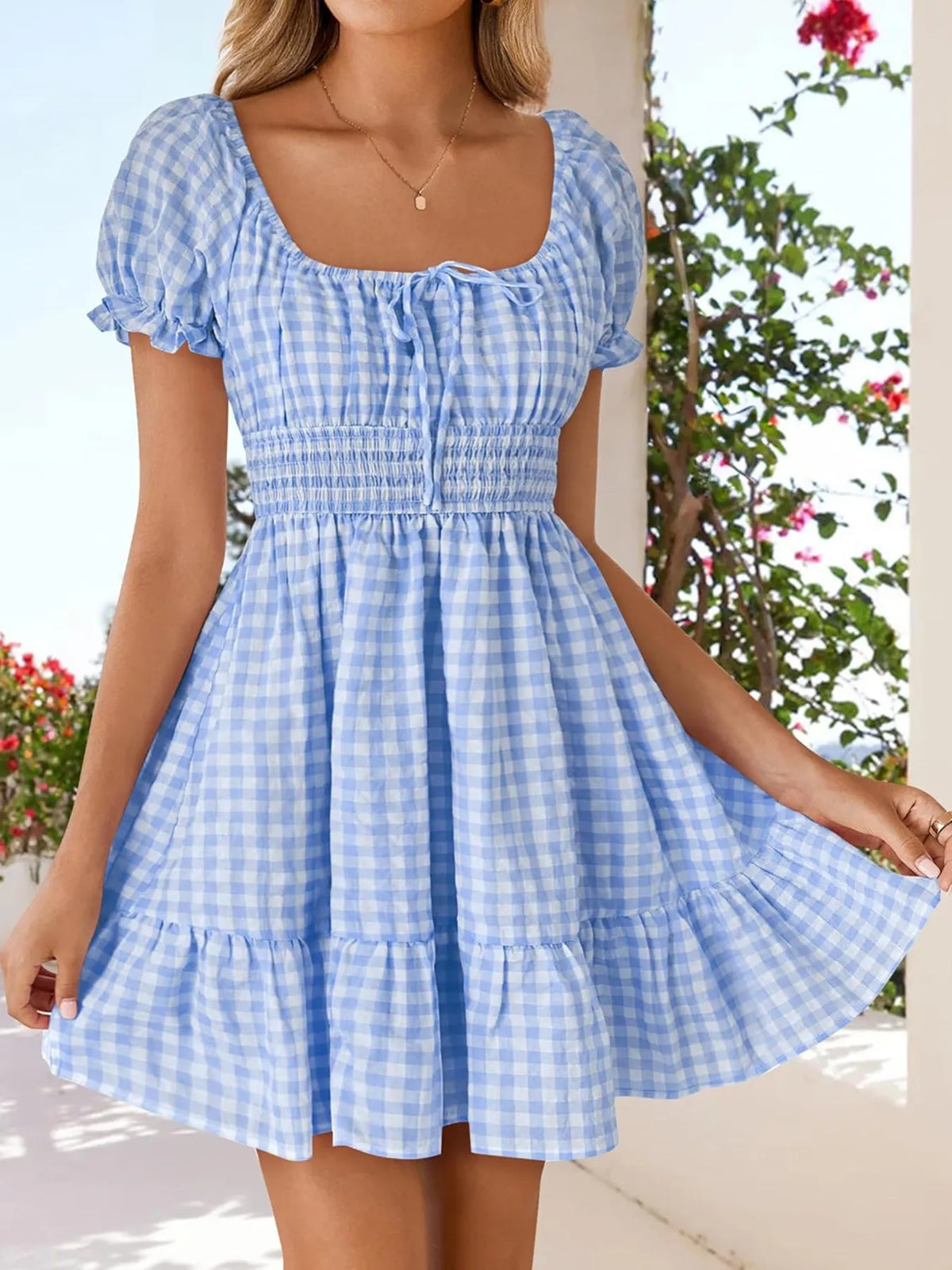 Gingham Smocked Puff Sleeve Summer Dress
