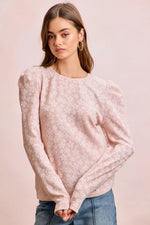 BiBi Textured Flower Knit Puff Shoulder Top