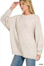 Zenana Oversized Round Neck Exposed Seam Melange Sweater