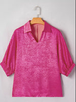 Collared V Neck Half Sleeve Metallic Top