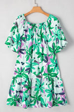 Floral Print Shirred Square Neck Loose Fit Mini Dress