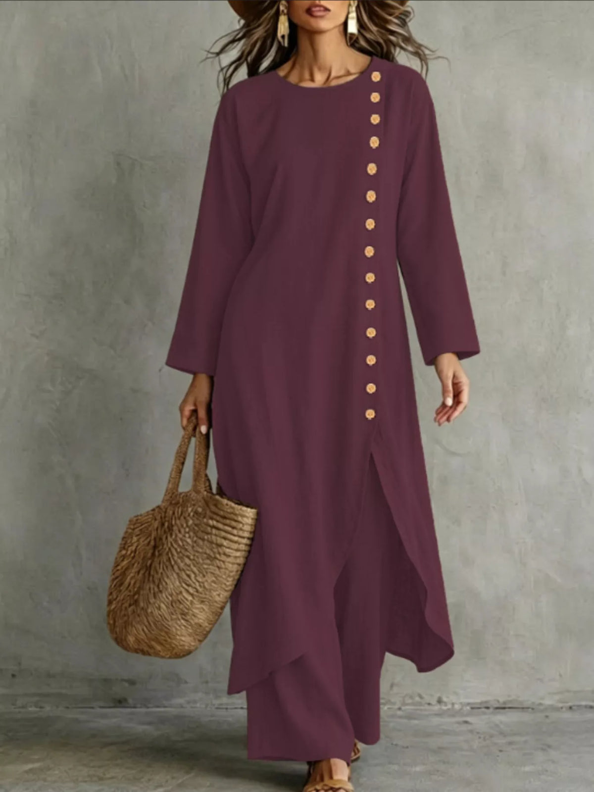 Full Size Side-Buttoned Longline Top and Pants Set Plus Size