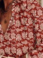 Floral Print Split Neck Pleated Long Sleeve Blouse
