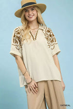 Umgee Floral Embroidered Sleeve Blouse