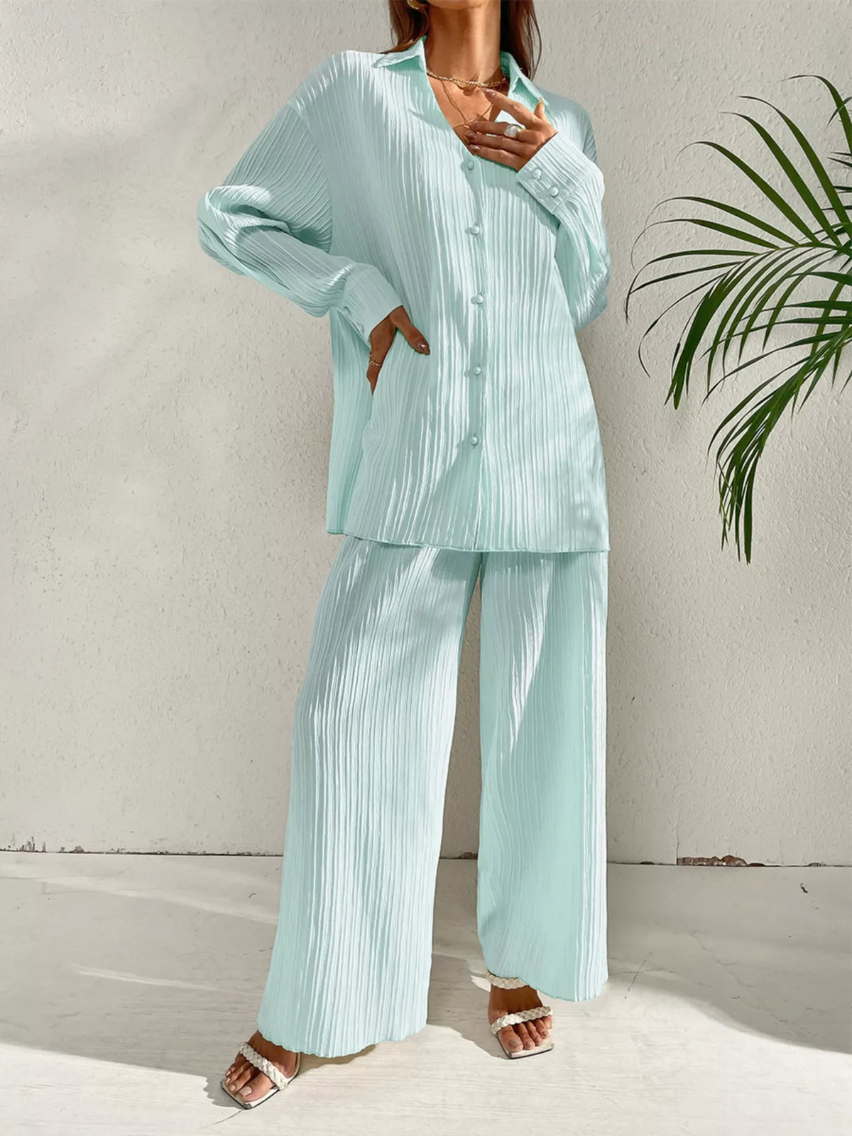 Long Sleeve Shirt & Wide Leg Pants Set