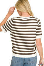 Zenana Split Neck Stripe Short Sleeve Sweater