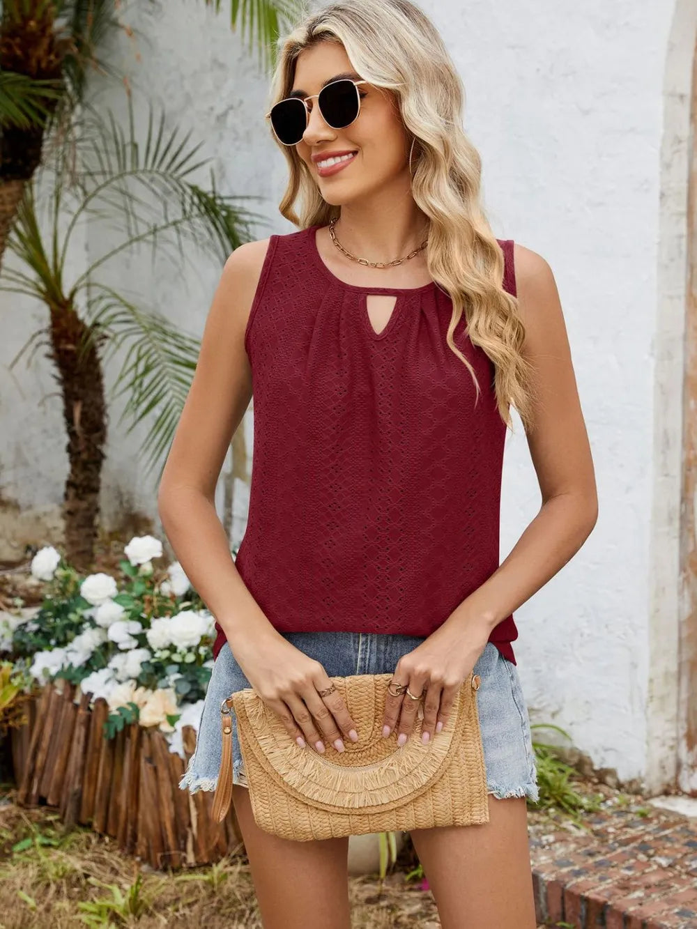 Eyelet Cutout Round Neck Tank