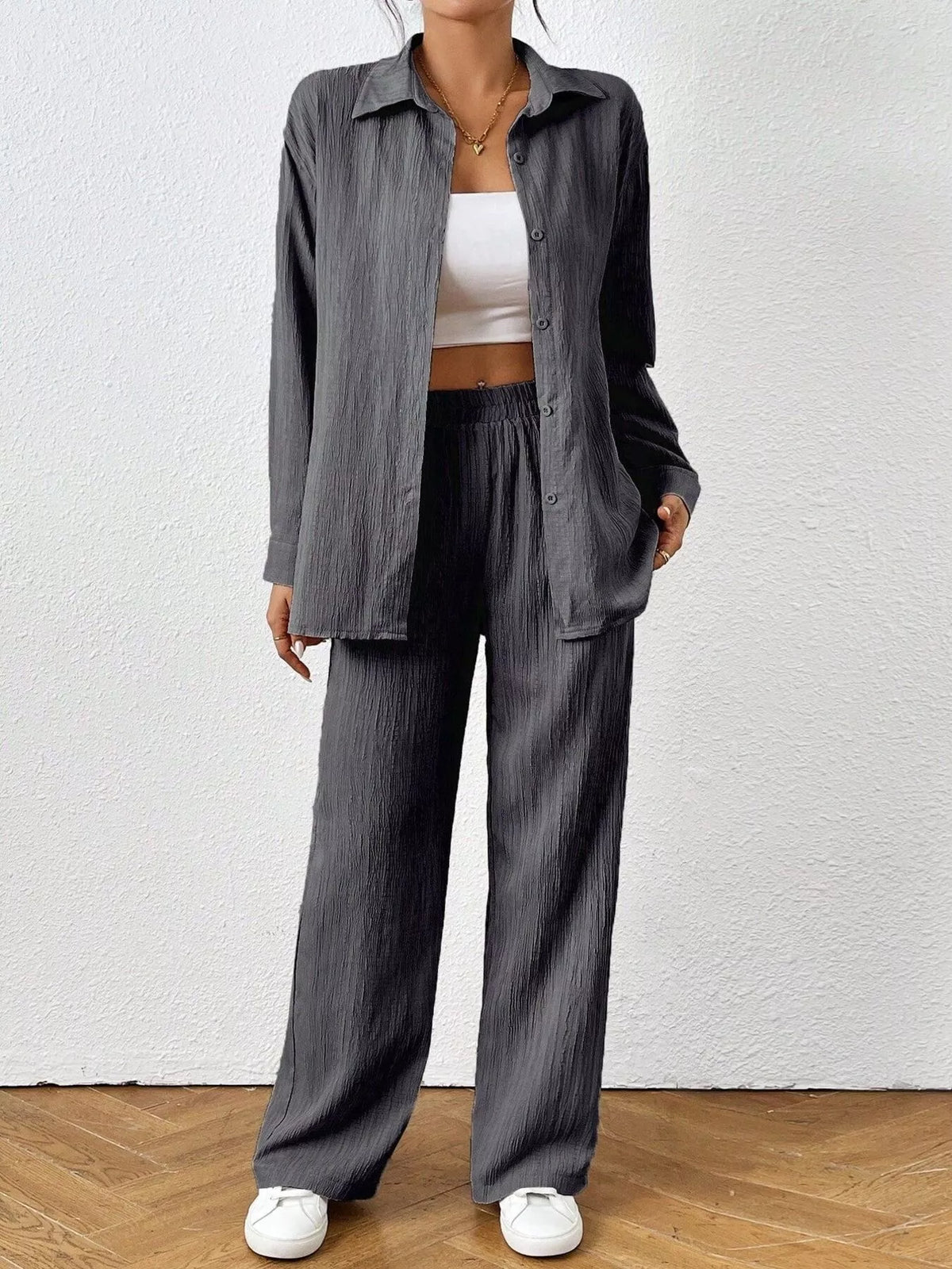 Button Up Long Sleeve Shirt and Pants Set