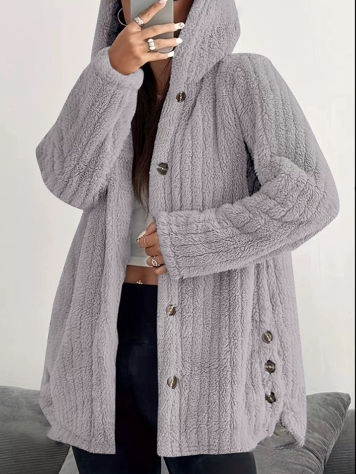Full Size Fleece Button Up Hooded Outerwear Plus Size