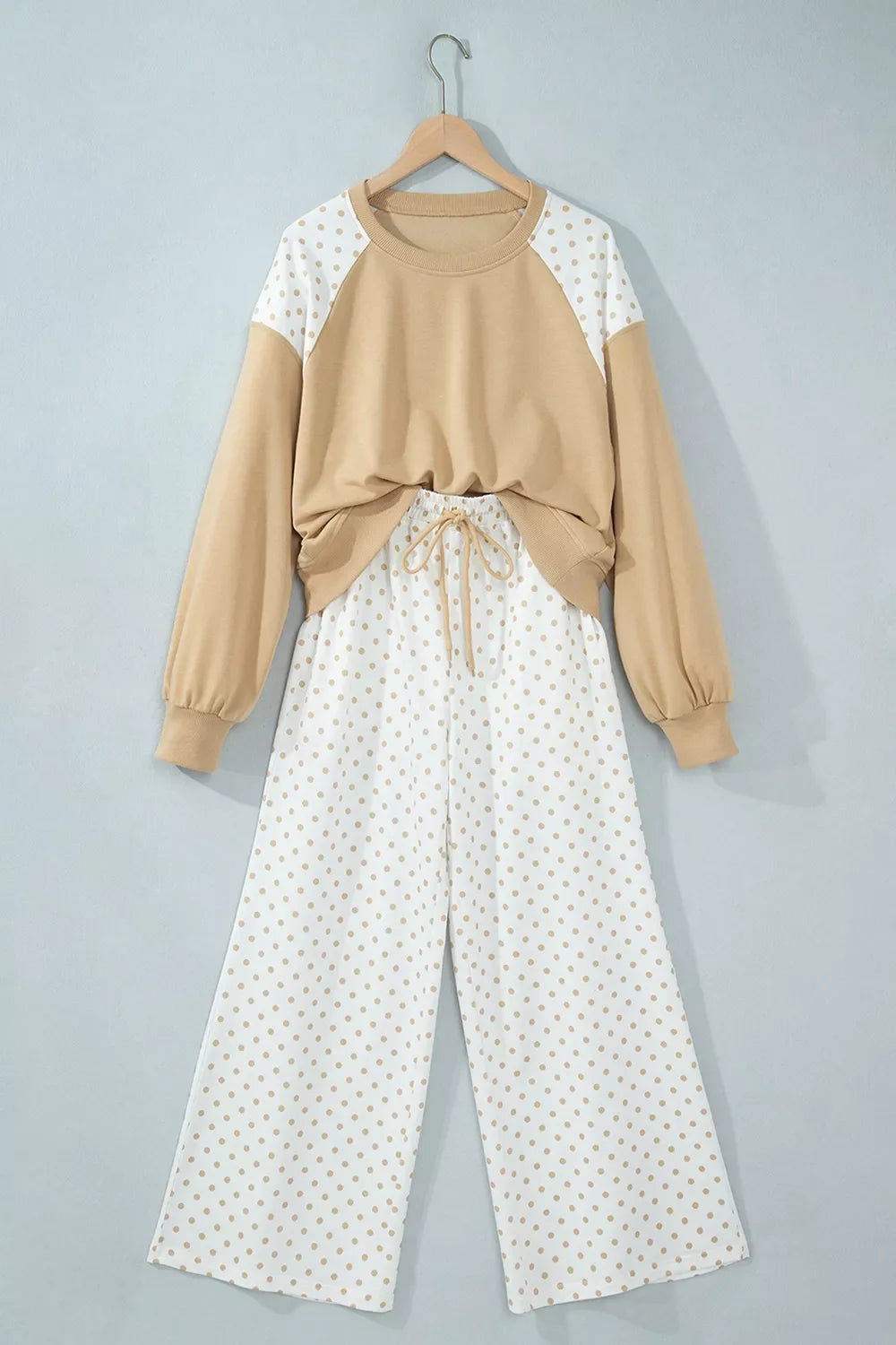Polka Dot Patchwork Colorblock Long Sleeve Casual Two Piece Pants Set