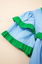 Contrast Notched Neck Frilly Detail Short Sleeve Blouse