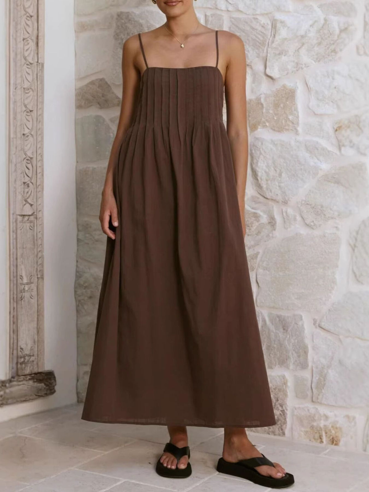 Pleated Bodice Midi Cami Dress