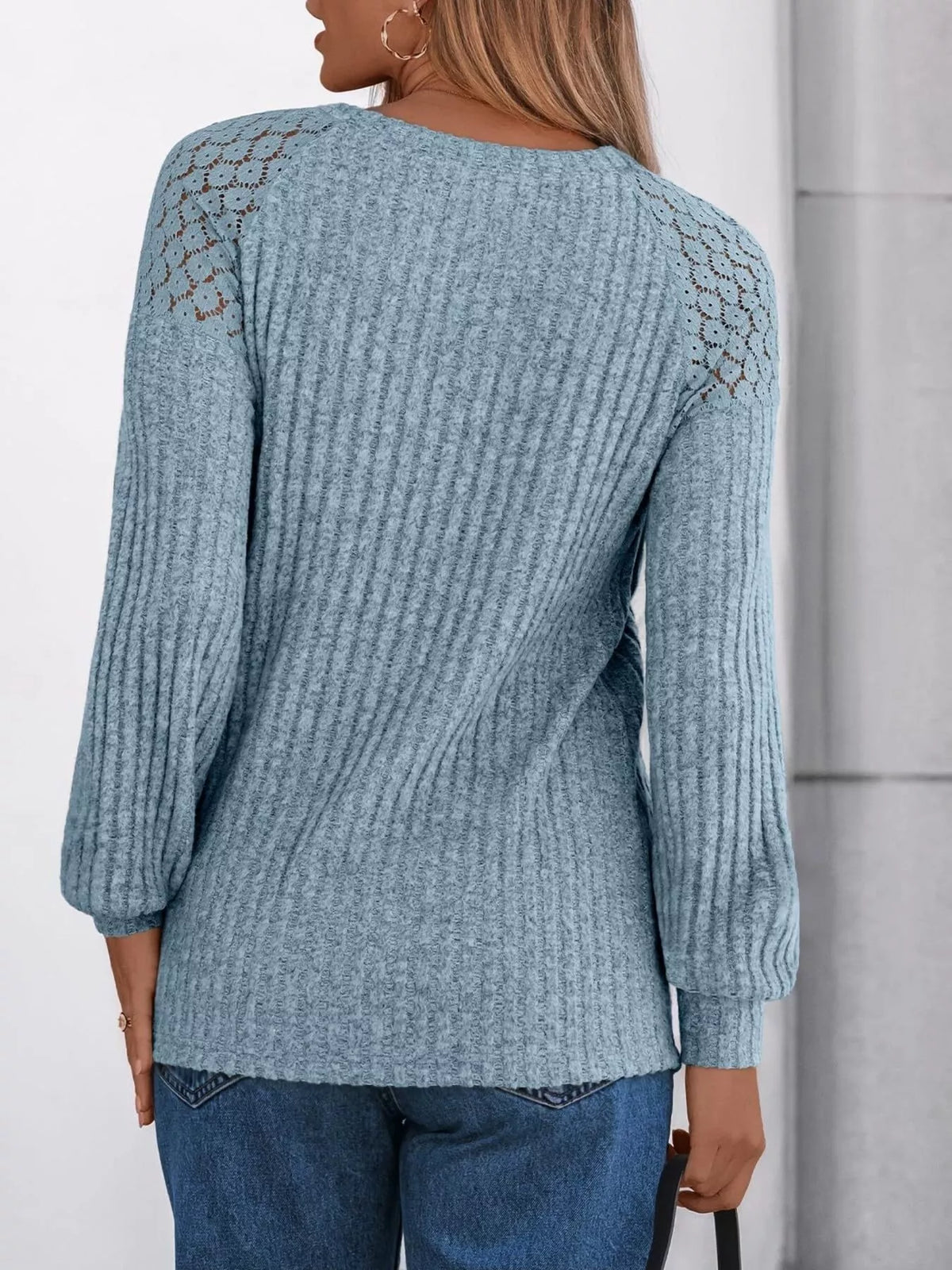 Ribbed Knit T-Shirt with Lace Shoulder Detail