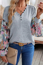 Printed Lantern Sleeve Buttoned V Neck Top