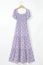 Tiered Floral Shirred High Waist Maxi Dress