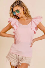 BiBi Wide Layered Ruffle Sleeve Scoop Neck Ribbed Top