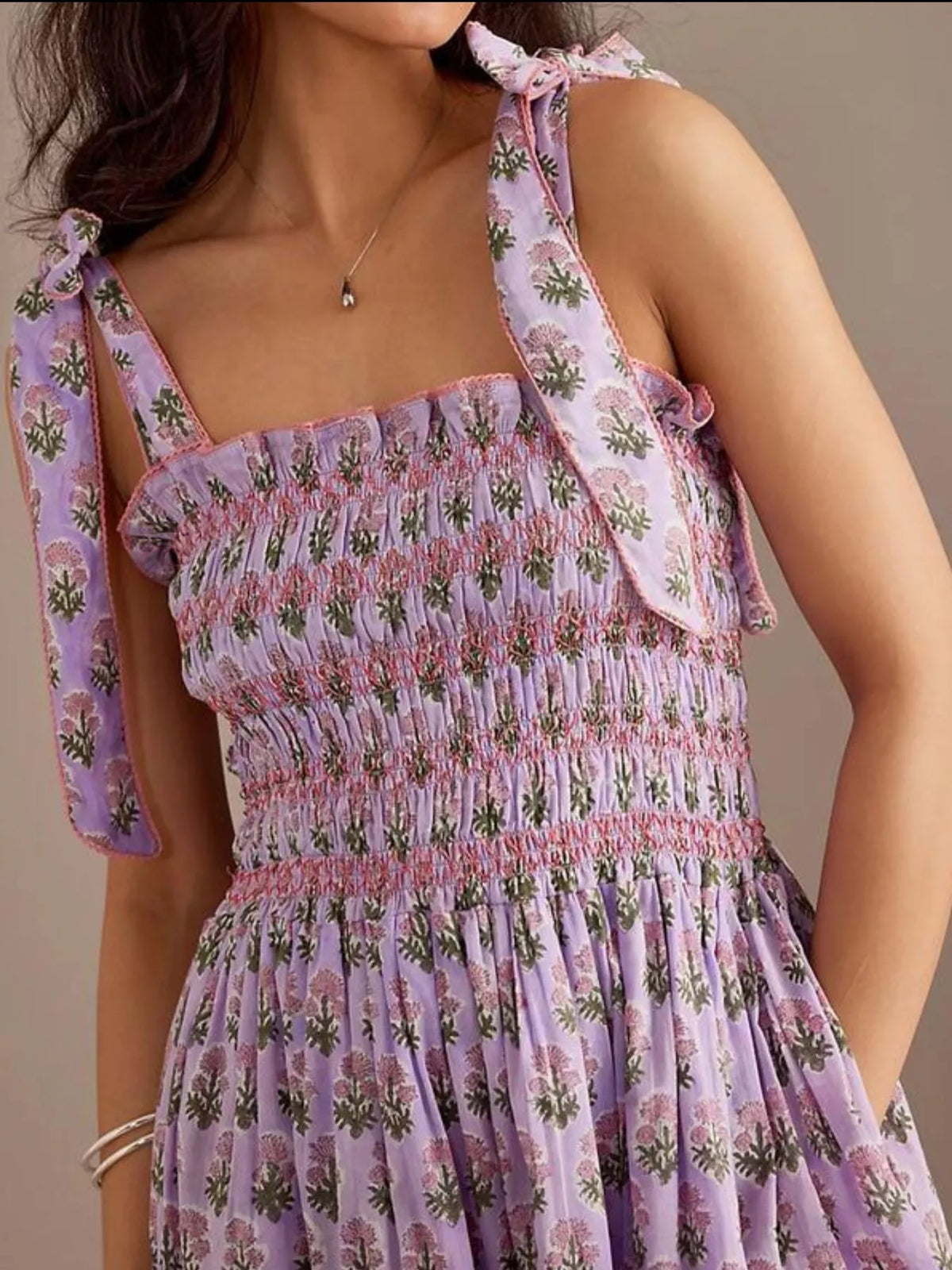Floral Smocked Tie-Shoulder Midi Dress