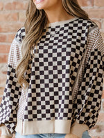 Mixed Checkered Pattern Patchwork High Low Casual Top